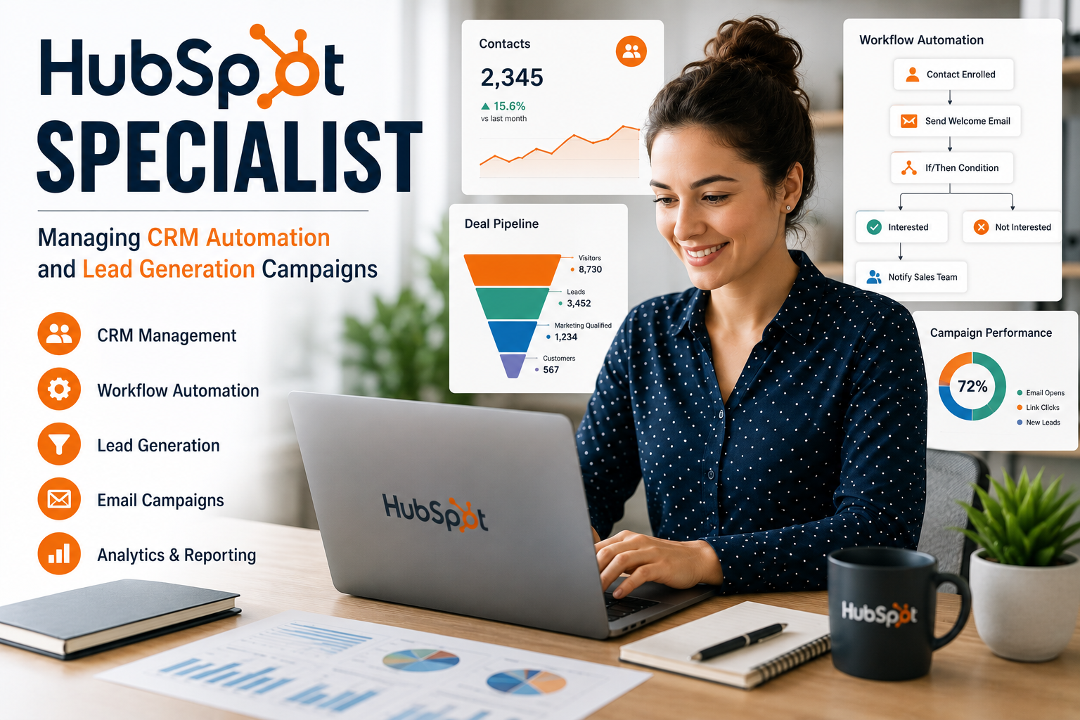 HubSpot Specialist analyzing CRM dashboards and sales reports
